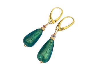 Emerald Green Teardrop Earrings, Authentic Murano Glass