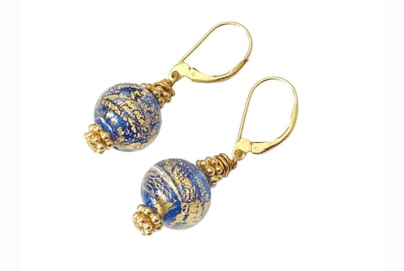 Murano Glass Victorian Earrings: 24K Gold Leaf, 14K Gold Filled Hooks