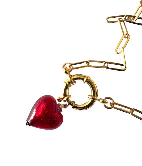 Gold Paperclip Chain Necklace: Ruby Murano Glass Heart Pendant