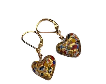 Gold Klimt Inspired Heart Earrings, Murano Glass