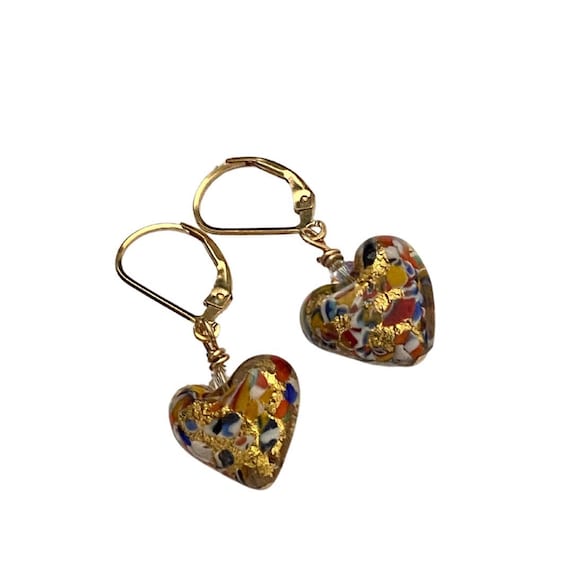 Gold Klimt Inspired Heart Earrings, Murano Glass