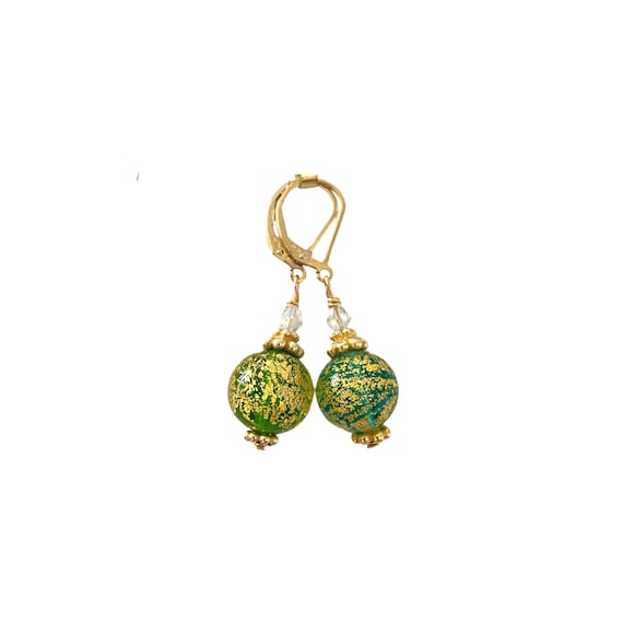 Emerald Murano Glass Earrings: 18K Gold Vermeil, Victorian Style