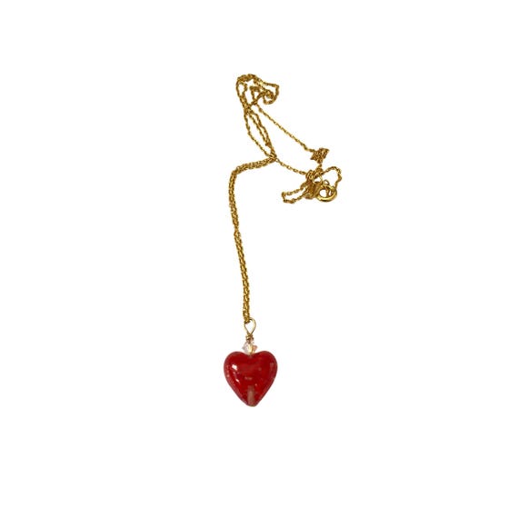 Very Small Red Murano Glass Heart Necklace: Gold Sterling Silver