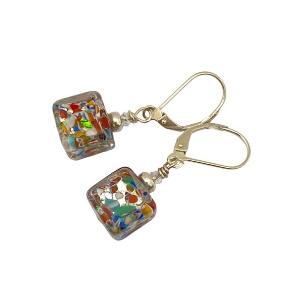 Silver Murano Glass Cube Earrings: Klimt Style