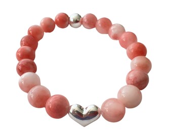 Peach Jade Bracelet, Natural Gemstone and Sterling Silver Elastic, Heart Charm