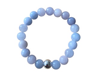 Aquamarine Bracelet, Natural Gemstone and Sterling Silver Bead, Elastic