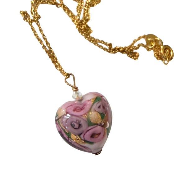 Murano Glass Pink Roses Heart Pendant Necklace: 18KT Gold Sterling Silver Chain