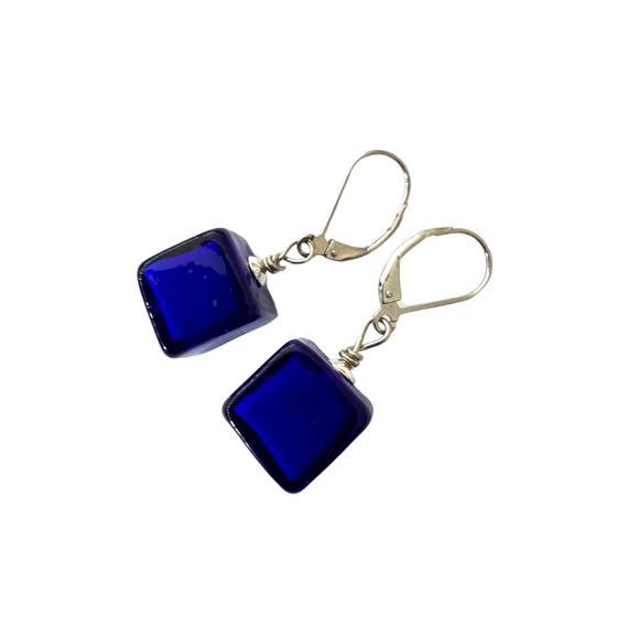 Cobalt Blue Murano Glass Drop Earrings: Sterling Silver Leverbacks