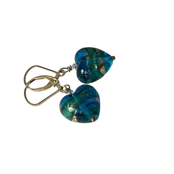 Teal Blue Heart Murano Glass Earrings, Stripes of Karat Gold