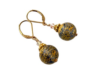 Gold Blue Bead Earrings, Authentic Murano Glass, Gold Lever Backs