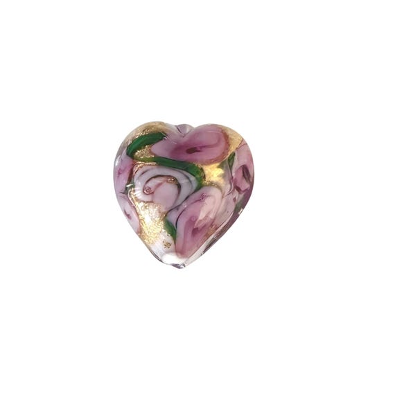Murano Glass Pink Roses Heart Pendant Necklace: 18KT Gold Sterling Silver Chain