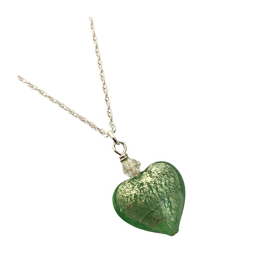 Murano Glass Heart Necklace: Light Green Sterling Silver Chain