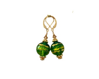 Emerald Green Bead Murano Glass Earrings, Gold Earrings