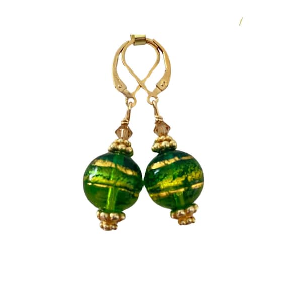 Emerald Green Bead Murano Glass Earrings, Gold Filled Hooks