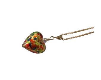 Gold Murano Glass Heart Necklace, Gold Chain