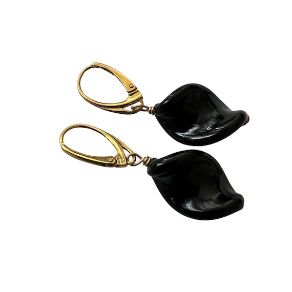 Black Murano Glass Twist Earrings, 18 Karat Gold Sterling Silver Lever Back Clasps