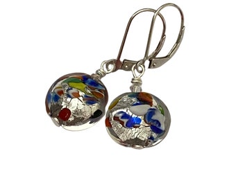 Silver Murano Glass Disc Earrings, Klimt Inspired Art Jewelry
