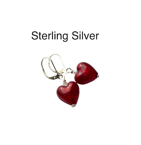 Ruby Red Murano Glass Heart Earrings: Sterling Silver Leverback