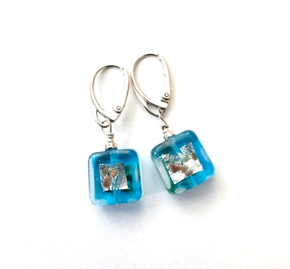Square Aqua Murano Glass Dangle Earrings, Aventurine Gold Flecks