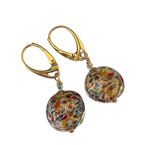Murano Glass Disc Earrings: Klimt Inspired Art Nouveau Gold Sterling Lever Backs