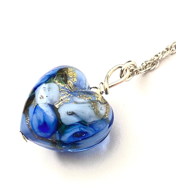 Blue Murano Glass Heart Necklace: Sterling Silver Chain, Rose Pendant