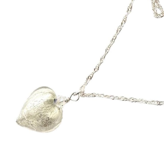 Very Small White Murano Glass Heart Necklace: Sterling Silver
