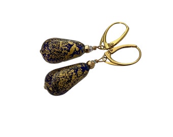 Black & Gold Teardrop Murano Glass Earrings