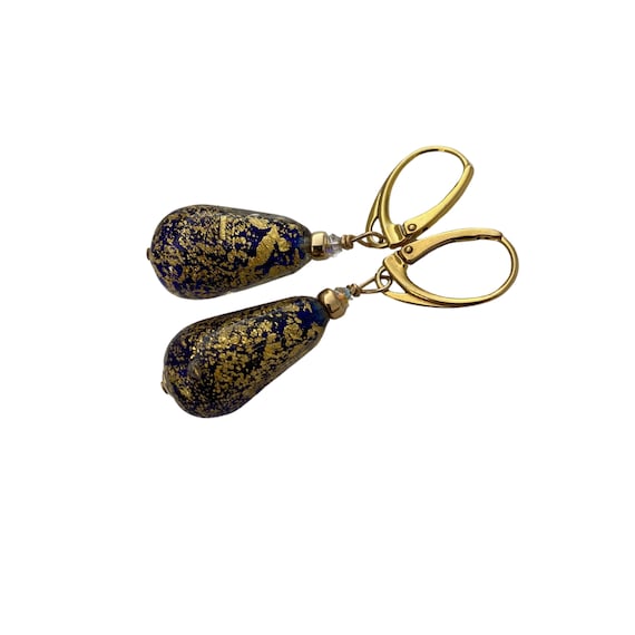 Gold Foil Murano Glass Teardrop Earrings, Gold-Filled Lever Backs