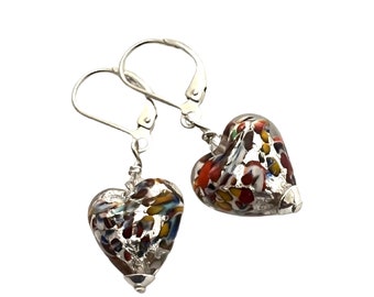 Silver Klimt Inspired Hearts, Murano Glass Earrings