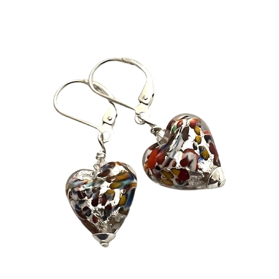 Silver Klimt Heart Earrings: Murano Glass, Sterling Hooks