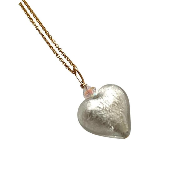 Very Small White Murano Glass Heart Necklace: Gold Sterling