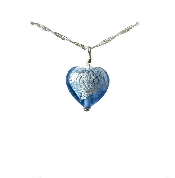 Blue Murano Glass Heart Necklace: Sterling Silver or Gold Filled Chain