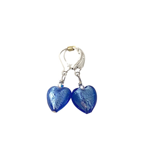 Blue Murano Glass Heart Earrings: Sterling Silver Lever Back Hooks