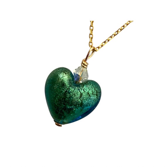 Emerald Green Murano Glass Heart Necklace, Gold Sterling Chain