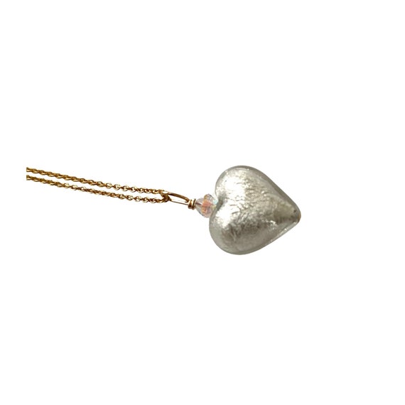 White Gold Murano Glass Heart Necklace: Sterling Silver Chain