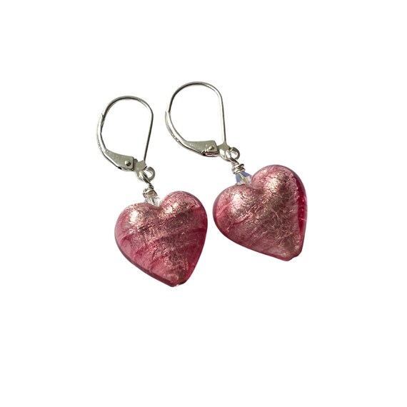 Pink Murano Heart Earrings: Sterling Silver Lever Backs