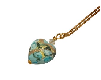 Roze hart hanger, Aqua Murano glas gouden ketting