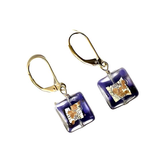 Square Purple Murano Glass Earrings: Sterling Silver Lever Backs