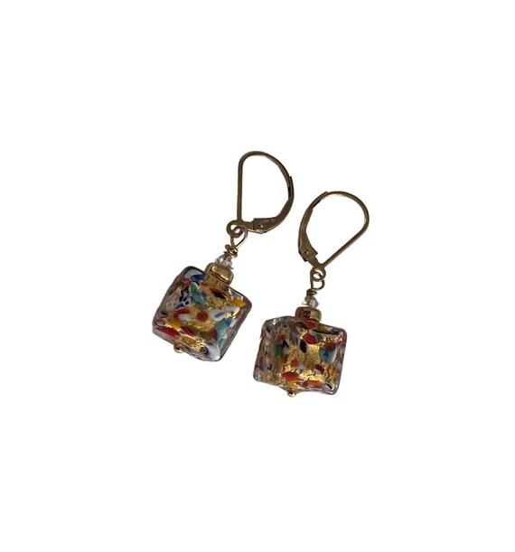 Gold Murano Glass Cube Earrings: Klimt Art Style