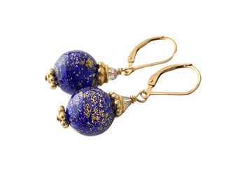 Gold Blue Bead Earrings, Authentic Murano Glass, Gold Lever Backs, Vintage Look