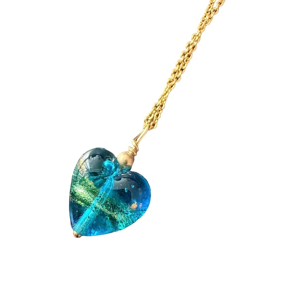 Small Teal Murano Glass Heart Necklace: 18KT Gold Sterling Silver Chain