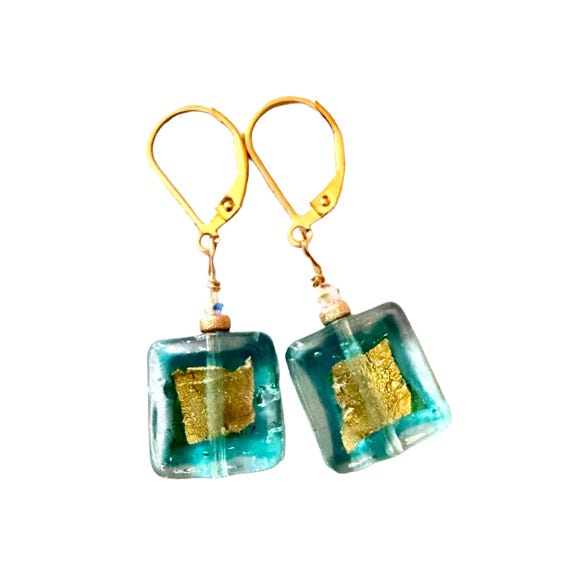 Square Green Aqua Murano Glass Dangle Earrings, Aventurine Gold Flecks