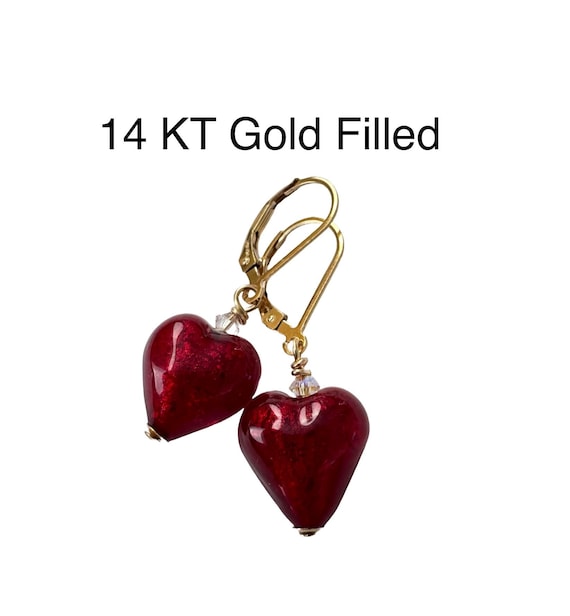 Ruby Red Murano Heart Earrings: 14KT Gold Filled Lever Backs