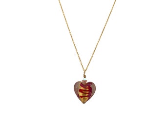 Small Red Gold Murano Glass Heart Pendant, Gold Chain