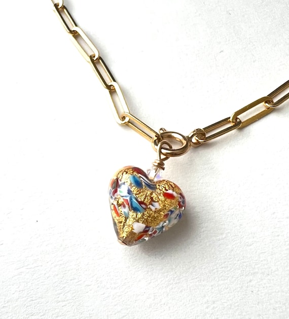 Gold Paperclip Necklace, Murano Glass Heart Pendant, Sterling Silver Chain