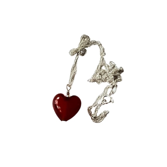 Very Small Red Murano Glass Heart Necklace: Sterling Silver