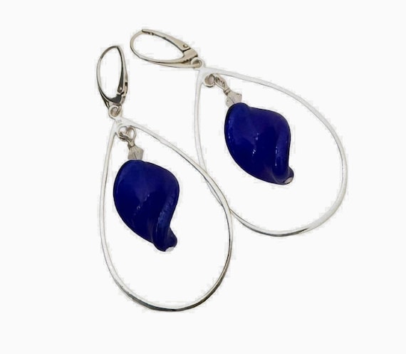 Sterling Murano Glass Hoop Earrings, Long Teardrops