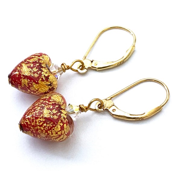 Red Murano Glass Heart Earrings: 24K Gold Flecks, 14K Gold Filled