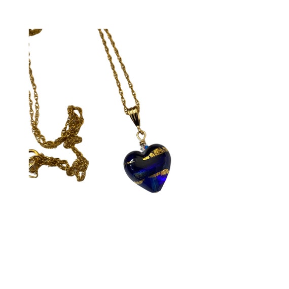 Very Small Blue Murano Glass Heart Pendant: 18KT Gold Sterling Silver Chain