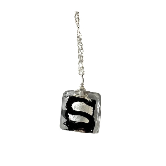 Black Striped Glass Pendant, Rectangle is Silver, Sterling Silver Chain